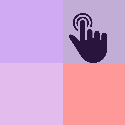 A grid with four colors, clockwise the colors are MediumPurple, BlueViolet, RebeccaPurple, and MediumOrchid. On top is a hand showing a click.